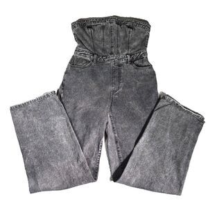 Pretty Little Thing Bandeau Denim Jumpsuit Women Sz 8 Gray Zip Up Back Strapless